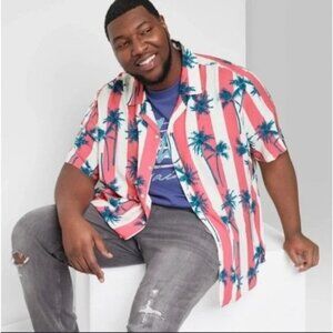 Original Use Mens Button-Down White And Pink Stripes With Palm Trees Size Medium